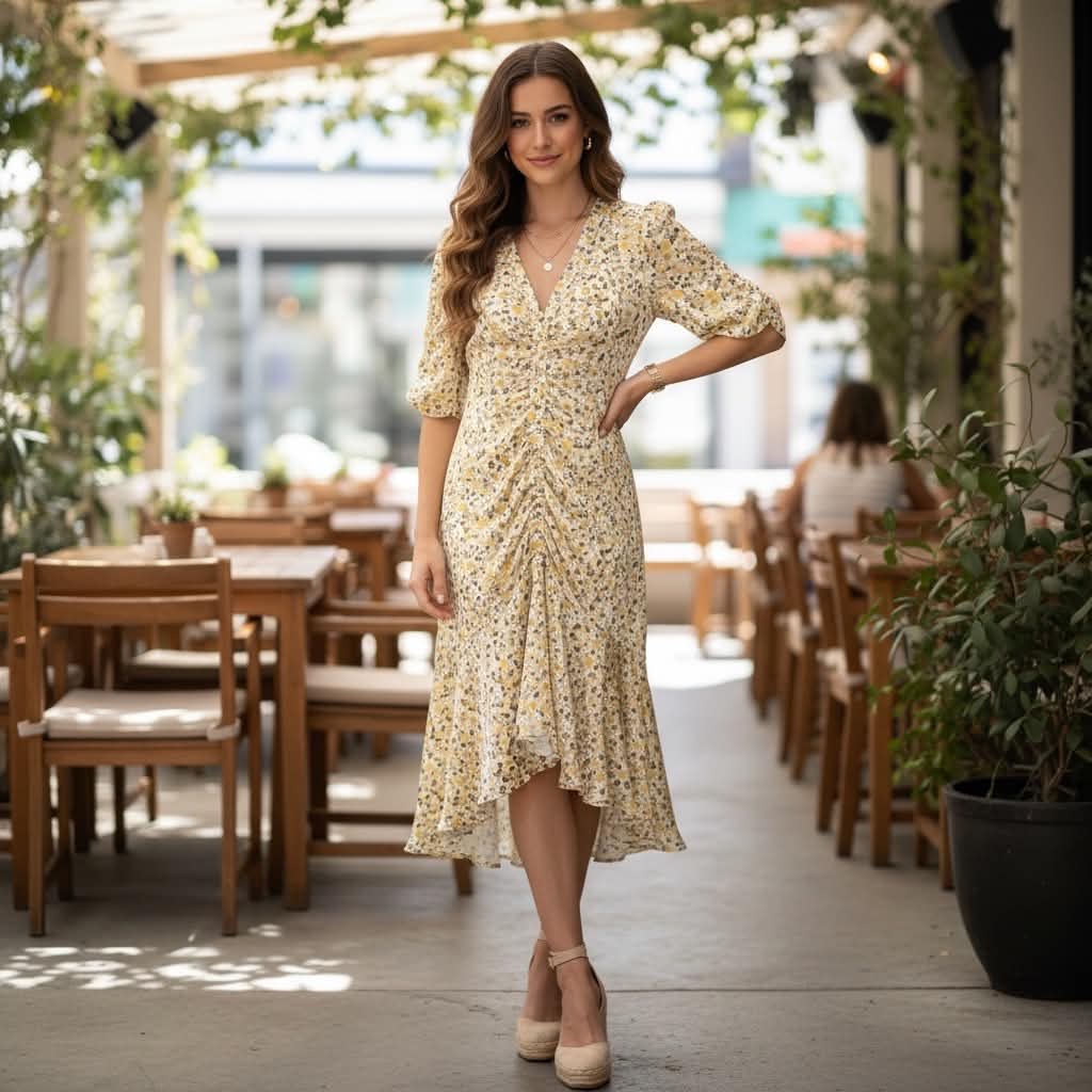 Goelia Pleated Fishtail Floral Midi Printed Dress. Good as new. Size Small